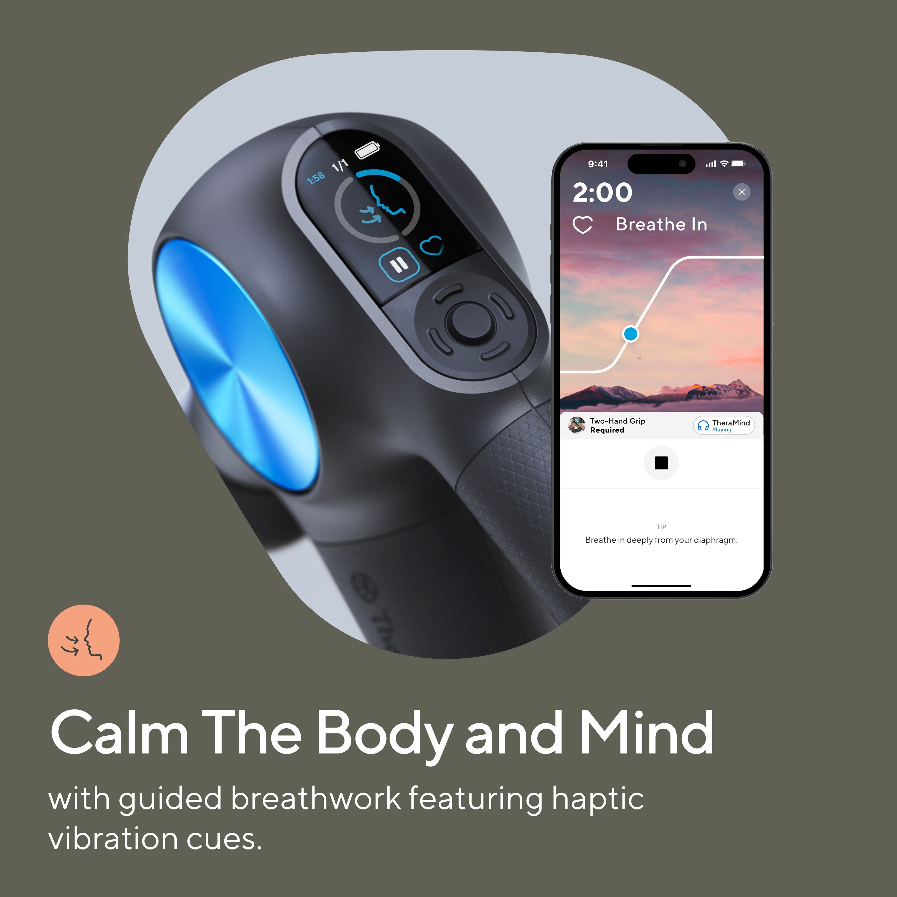 Therabody Theragun Pro Plus black and blue device with a smartphone displaying a breathing app.
