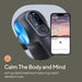 Therabody Theragun Pro Plus black and blue device with a smartphone displaying a breathing app.