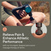 Person using Therabody Theragun Pro Plus massage gun on their leg with promotional text about pain relief and athletic performance.