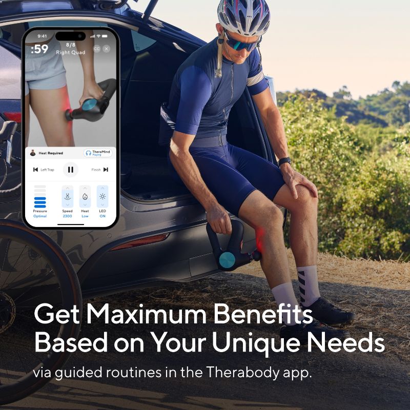 Cyclist using Therabody Theragun Pro Plus massage gun with app on smartphone.