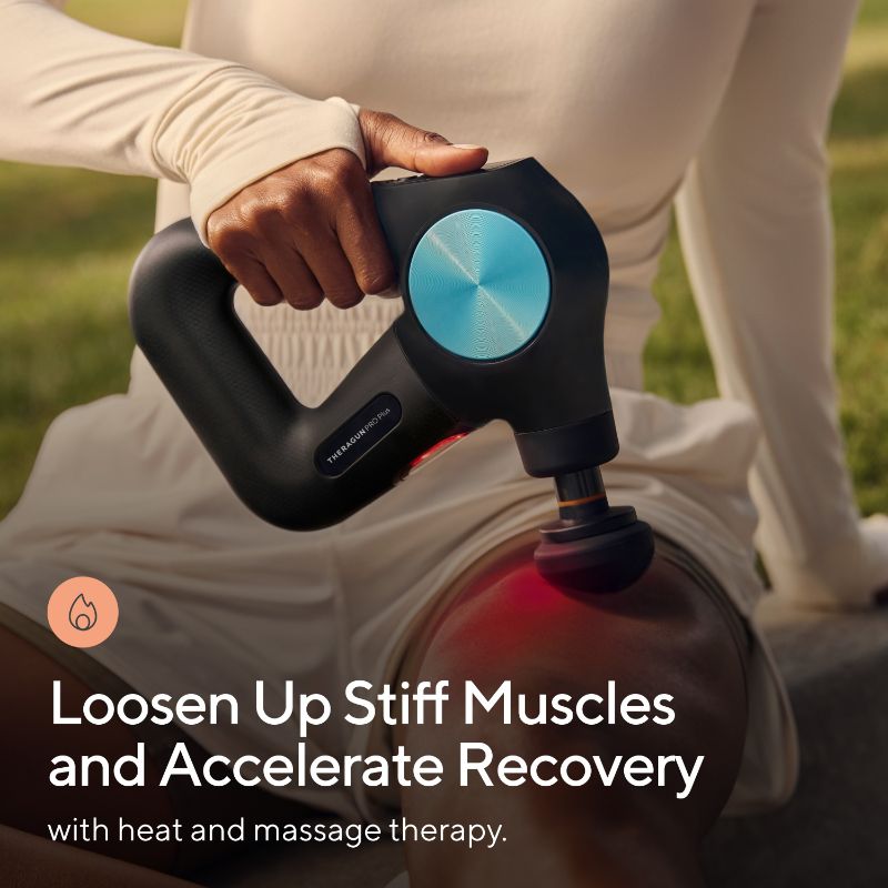Person using a Therabody Theragun Pro Plus massage gun with text about muscle loosening and recovery.