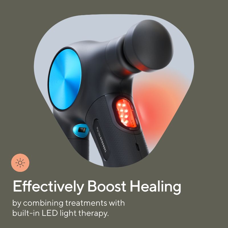 Therabody Theragun Pro Plus massage gun with LED lights. Labeled 'Effectively Boost Healing'.