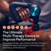 Hand holding a Therabody Theragun Pro Plus massage gun multi-therapy device on a person's thigh with text about its features.
