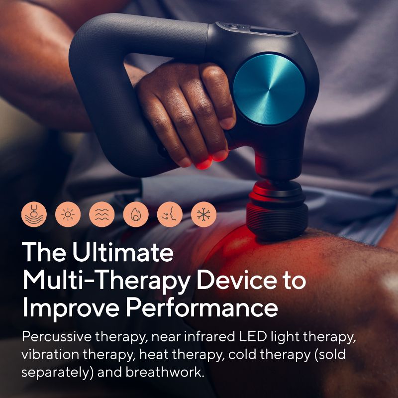 Hand holding a Therabody Theragun Pro Plus massage gun multi-therapy device on a person's thigh with text about its features.