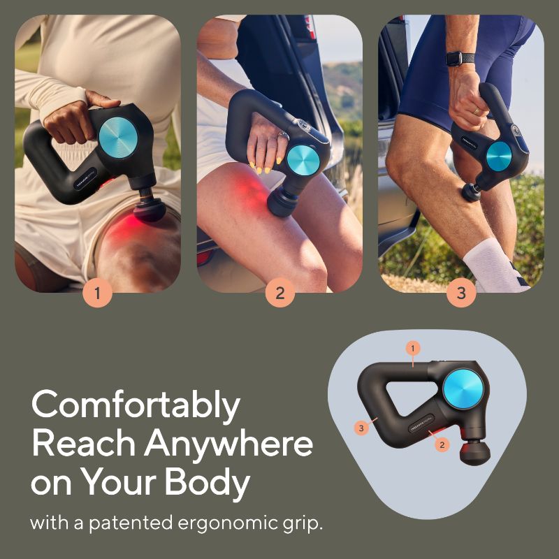 Three images showing a handheld Therabody Theragun Pro Plus massage gun being used on different parts of the body with text highlighting its ergonomic design.