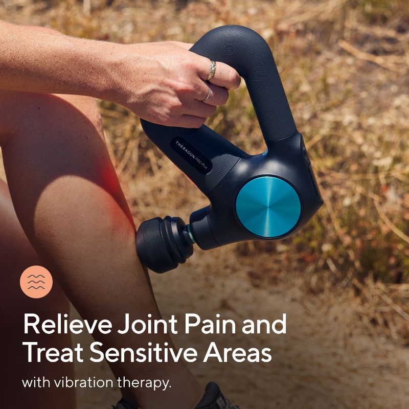 Person using a Therabody Theragun Pro Plus black and blue massage gun on their leg with text about joint pain relief.