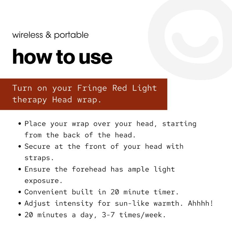 Instructions for using a Fringe Red Light therapy head wrap.