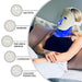 Woman wearing a Fringe Red Light Therapy Face Mask with text labels on age spots, blemishes, fine lines, wrinkles, complexion, and collagen production.