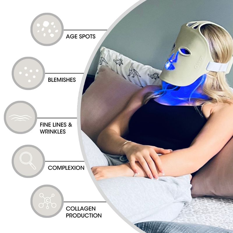 Woman wearing a Fringe Red Light Therapy Face Mask with text labels on age spots, blemishes, fine lines, wrinkles, complexion, and collagen production.