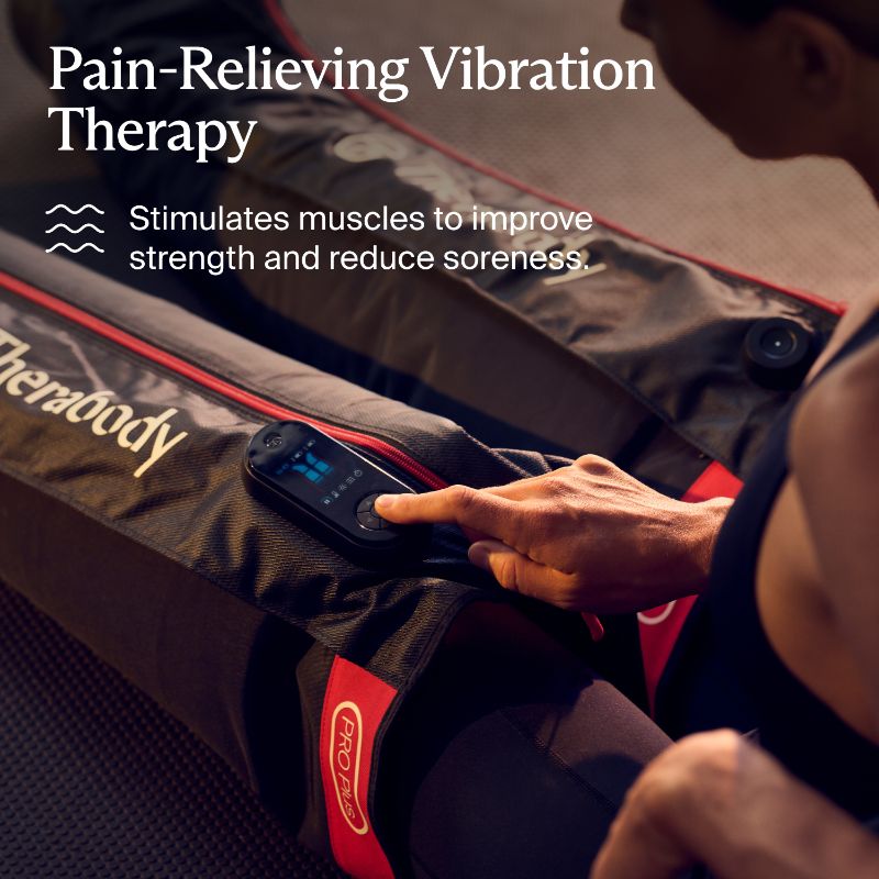 Person using Therabody Compression Boots with text about pain-relieving vibration therapy.