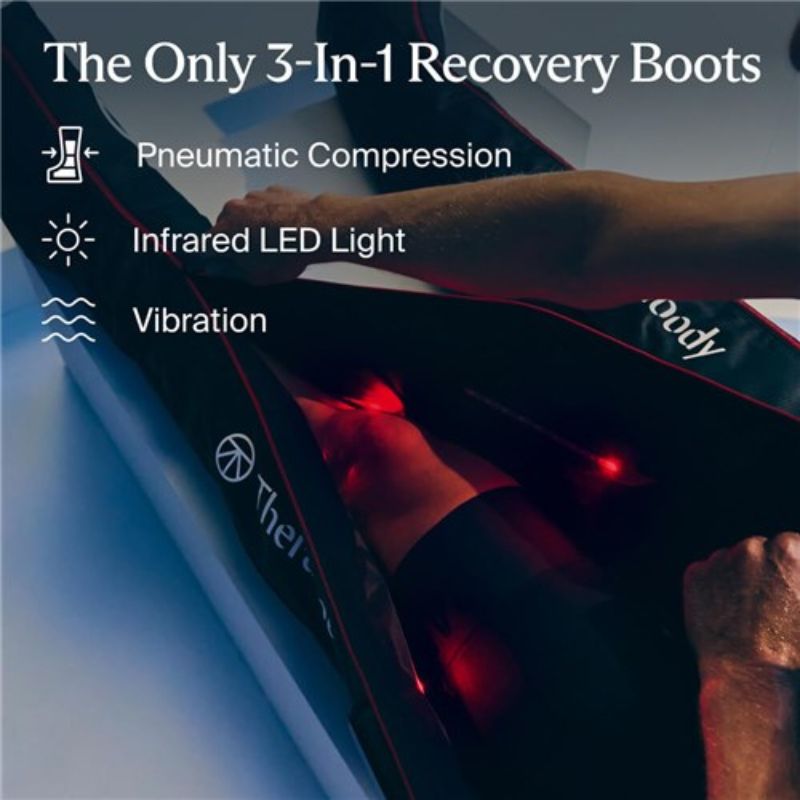 3-in-1 recovery compression boot with pneumatic compression, infrared LED light, and vibration features.