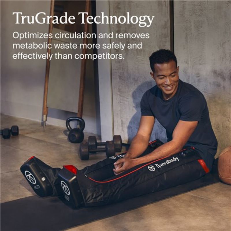 Person using Therabody JetBoots Pro Plus compression boots with TruGrade Technology in a gym setting